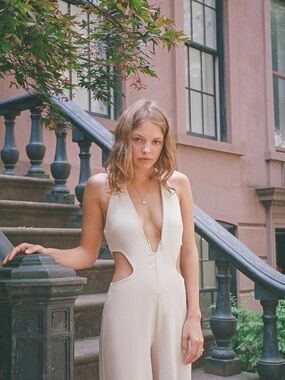 Zara Beige Halter Jumpsuit | Cut Out Wide Leg NWT M | Wedding Guest Vacation